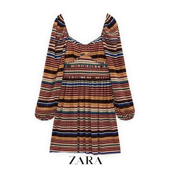 ZARA | Chocolate Brown | PRINTED PLEATED DRESS - Picture 2 of 10